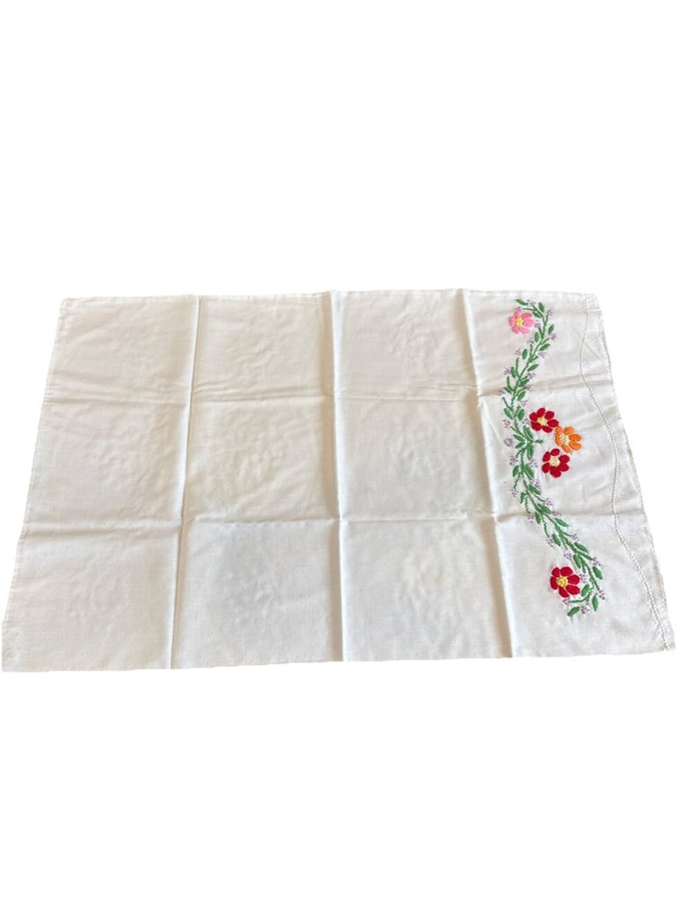 Vintage Hand Embroidered Pillowcase Pastel Floral 21x30 Queen Raw Hem Cottage